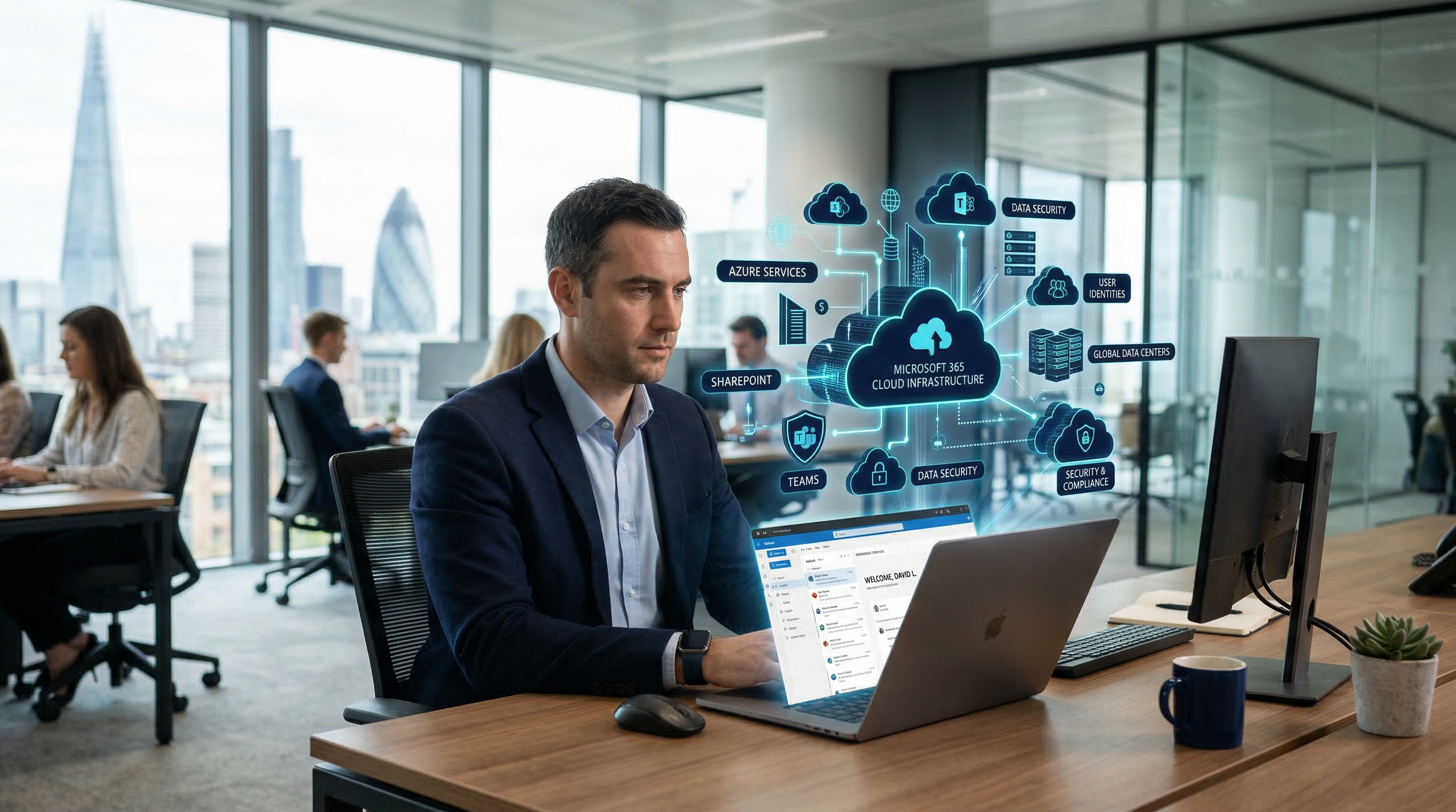 Office workspace with cloud computing visualization
