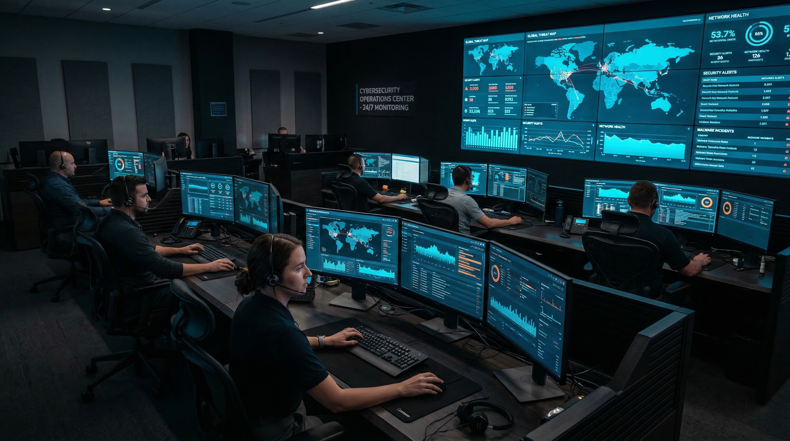 Cybersecurity operations center with threat monitoring displays
