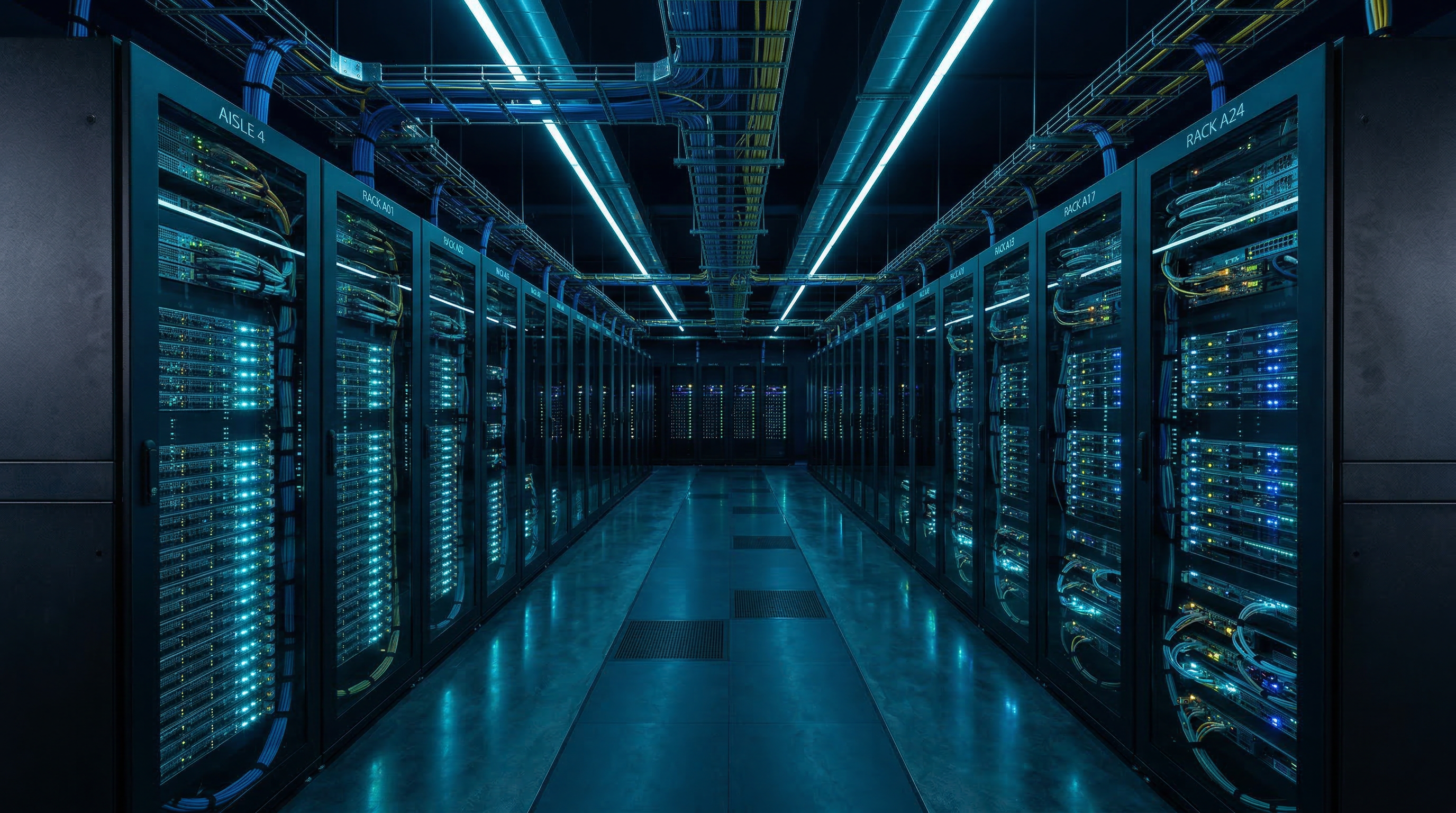 Modern server room with blue LED lighting